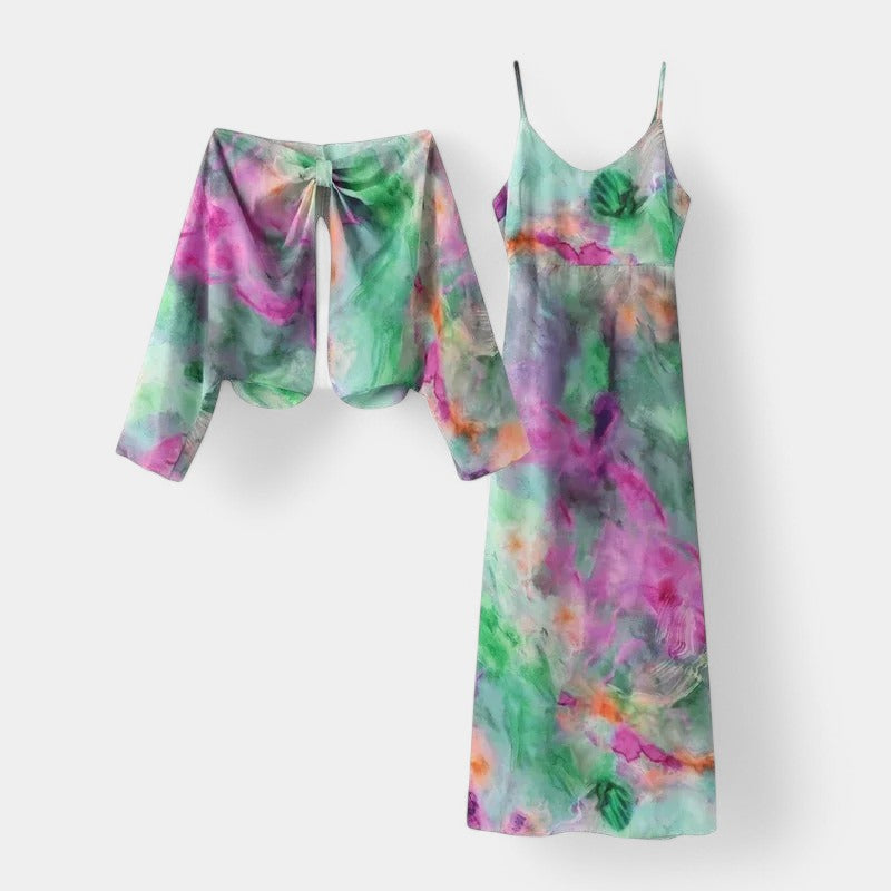 Gleame.-Jurken & Jumpsuits-Gleame Maxi jurk - Elegant kleurrijke maxi dress met afneembare sjaal