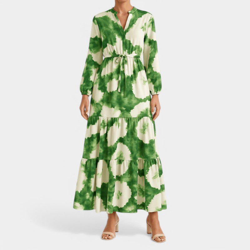 Gleame.-Jurken & Jumpsuits-Gleame Maxi jurk - Lange mouwen met V-hals, elegante flowy stijl