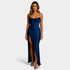 Gleame.-Jurken & Jumpsuits-Gleame Maxi jurk - Navy blauwe stretch satijnen jurk met lage rug