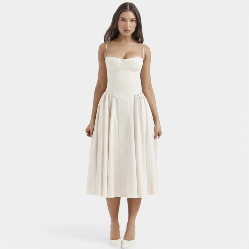 Gleame.-Jurken &amp; Jumpsuits-Gleame Midi-jurk - Elegante spaghetti strap met fit and flare design