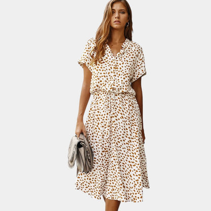 Gleame.-Jurken &amp; Jumpsuits-Gleame Midi-jurk - Relaxed fit met V-hals en stippenpatroon