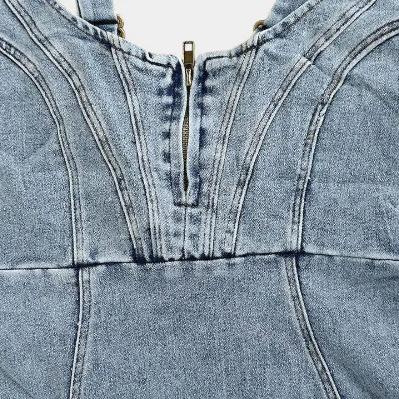Gleame.-Jurken &amp; Jumpsuits-Gleame Midikleid - Denim dress met verstelbare banden en bodycon fit