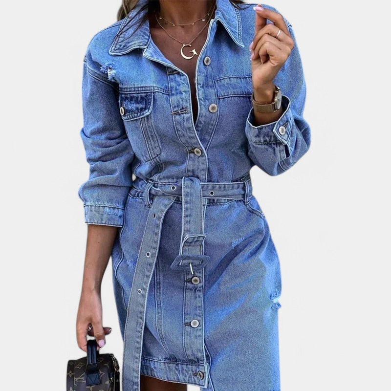 Gleame.-Jurken &amp; Jumpsuits-Gleame Spijkerjurk - Stijlvolle denim jurk met flatterende pasvorm
