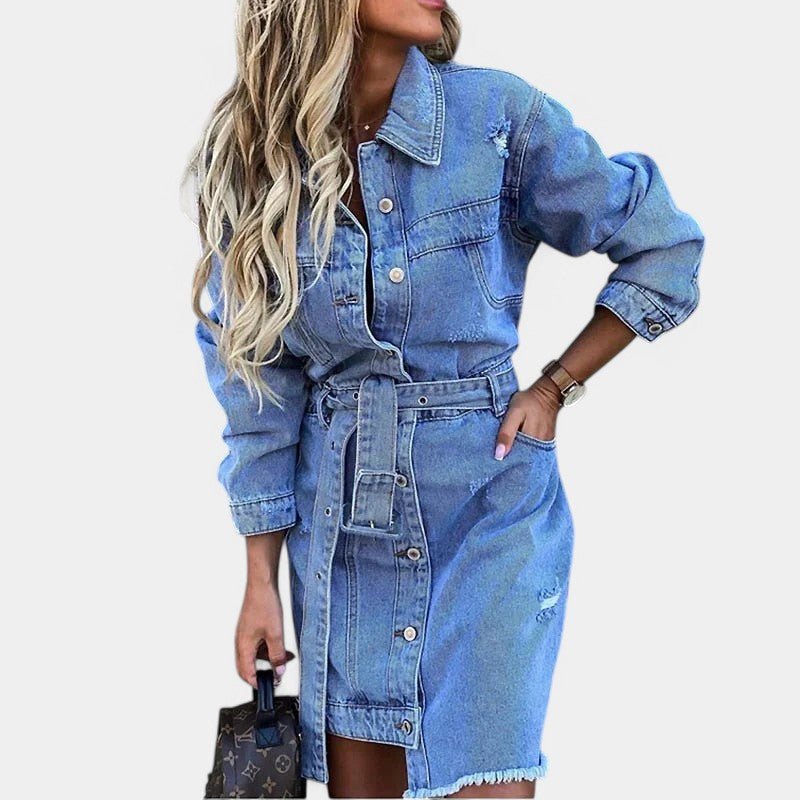 Gleame.-Jurken &amp; Jumpsuits-Gleame Spijkerjurk - Stijlvolle denim jurk met flatterende pasvorm