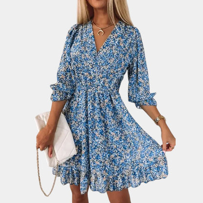 Gleame.-Jurken &amp; Jumpsuits-Gleame jurk - Bohemian flower mini dress met V-hals en korte mouwen