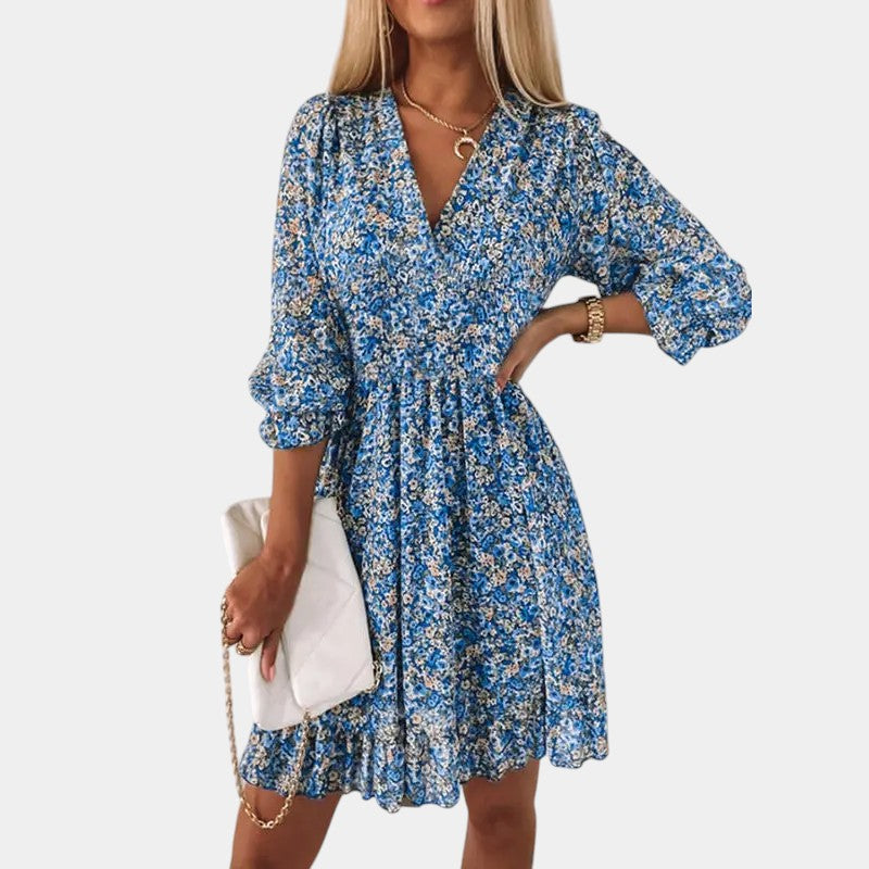 Gleame.-Jurken &amp; Jumpsuits-Gleame jurk - Bohemian flower mini dress met V-hals en korte mouwen