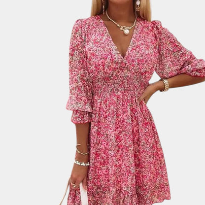 Gleame.-Jurken &amp; Jumpsuits-Gleame jurk - Bohemian flower mini dress met V-hals en korte mouwen
