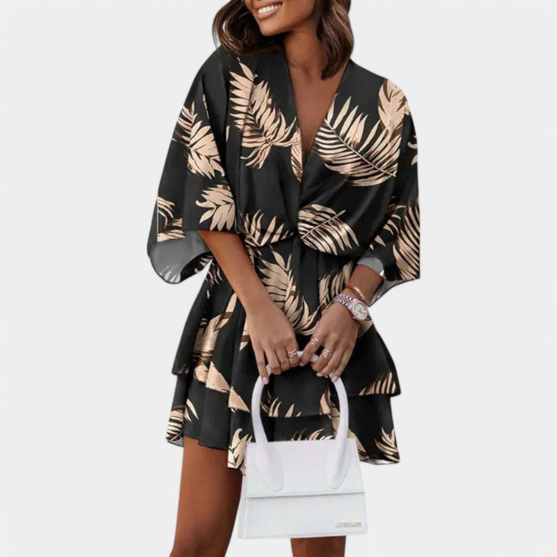 Gleame.-Jurken &amp; Jumpsuits-Gleame jurk - Elegante korte mouw V-hals party jurk met bloemenprint