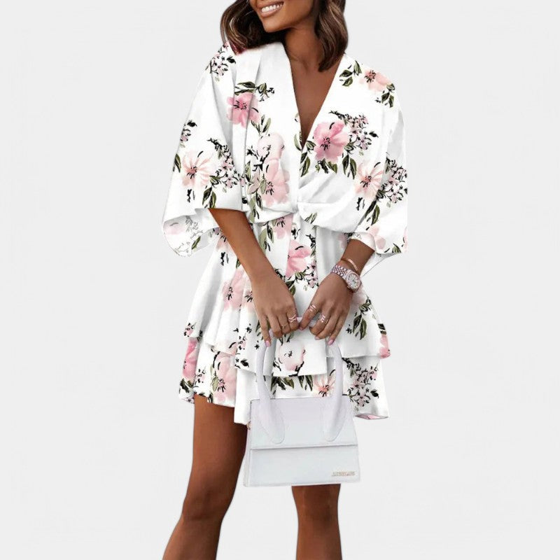 Gleame.-Jurken &amp; Jumpsuits-Gleame jurk - Elegante korte mouw V-hals party jurk met bloemenprint