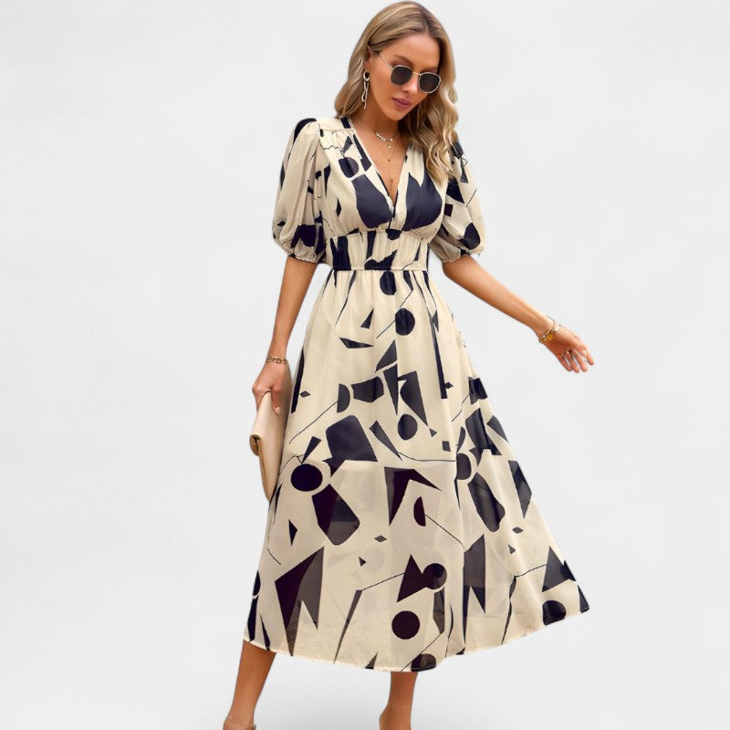 Gleame.-Jurken &amp; Jumpsuits-Gleame jurk - Korte mouw lange jurk met bloemenprint voor vrouwen