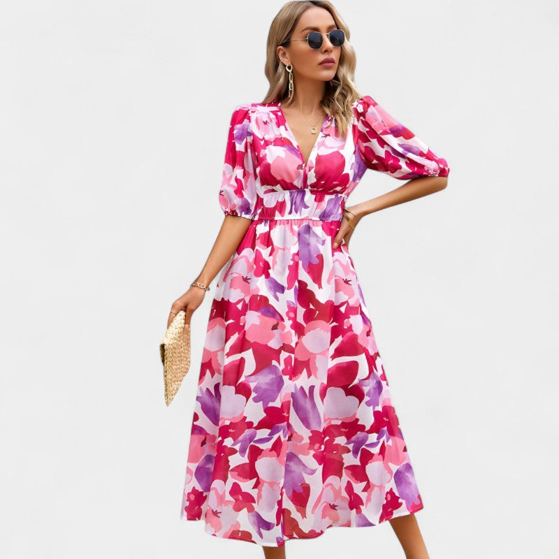 Gleame.-Jurken &amp; Jumpsuits-Gleame jurk - Korte mouw lange jurk met bloemenprint voor vrouwen