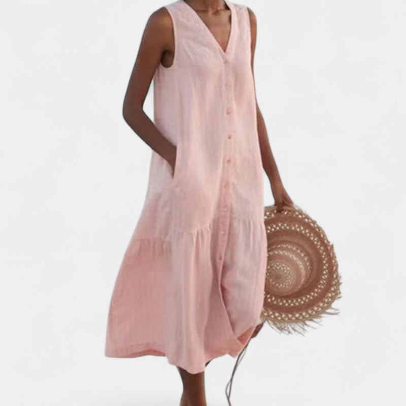 Gleame.-Jurken &amp; Jumpsuits-Gleame jurk - V-hals, losse, casual lange jurk met zakken