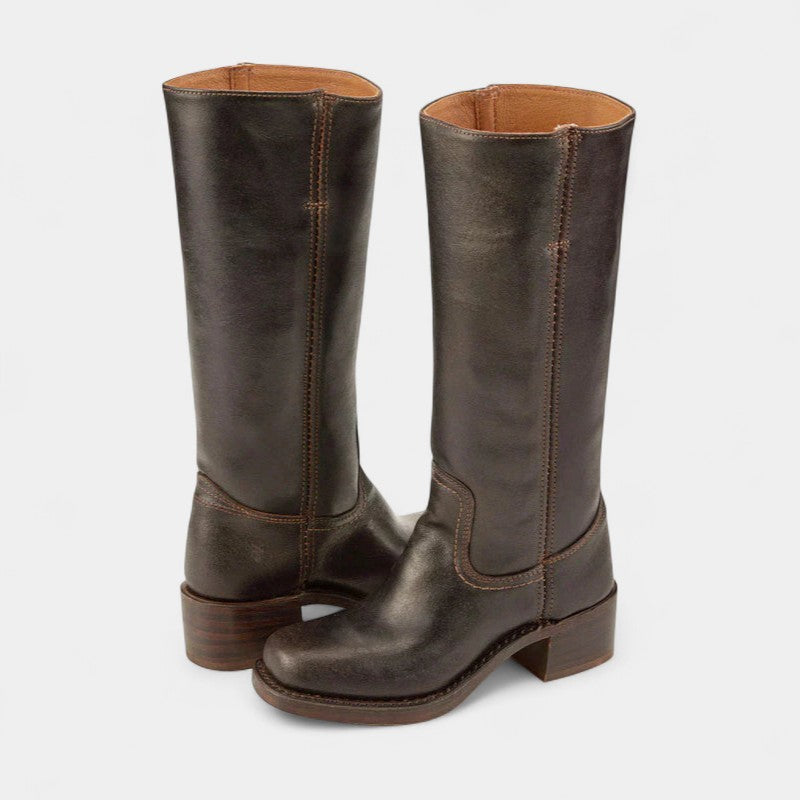 Gleame.-Laarzen-Gleame | Dames laarzen van leer tot onder de knie met smalle pasvorm en blokhak