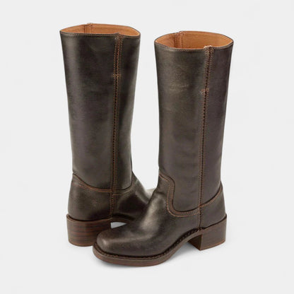 Gleame.-Laarzen-Gleame | Dames laarzen van leer tot onder de knie met smalle pasvorm en blokhak