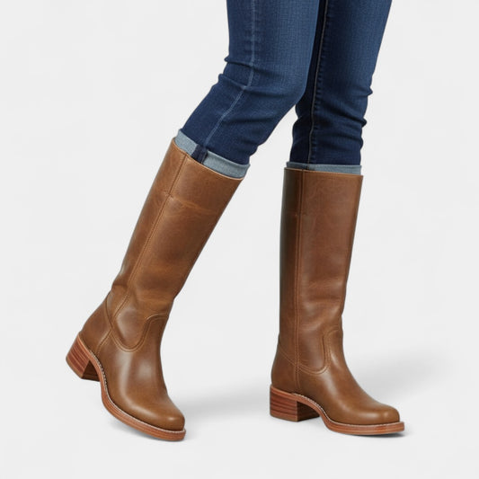 Gleame.-Laarzen-Gleame | Dames laarzen van leer tot onder de knie met smalle pasvorm en blokhak