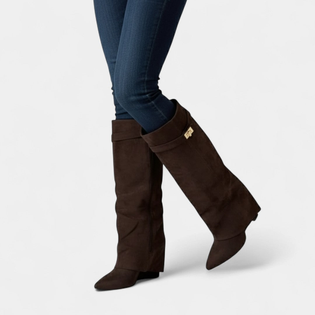 Gleame.-Laarzen-Gleame | Dames laarzen van suède tot onder de knie met blokhak en ritssluiting aan de zijkant