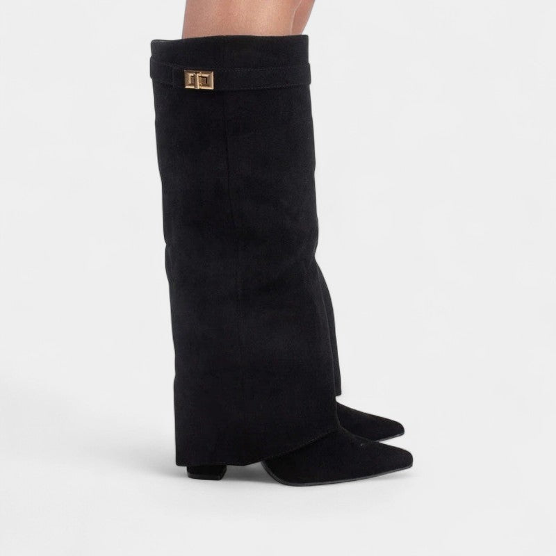 Gleame.-Laarzen-Gleame | Dames laarzen van suède tot onder de knie met omgeslagen schacht en puntige neus