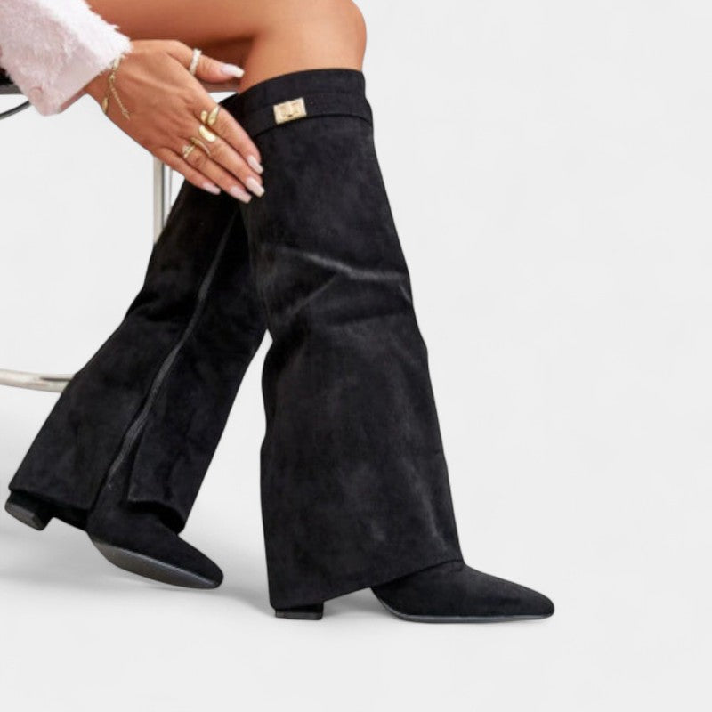 Gleame.-Laarzen-Gleame | Dames laarzen van suède tot onder de knie met blokhak en ritssluiting aan de zijkant