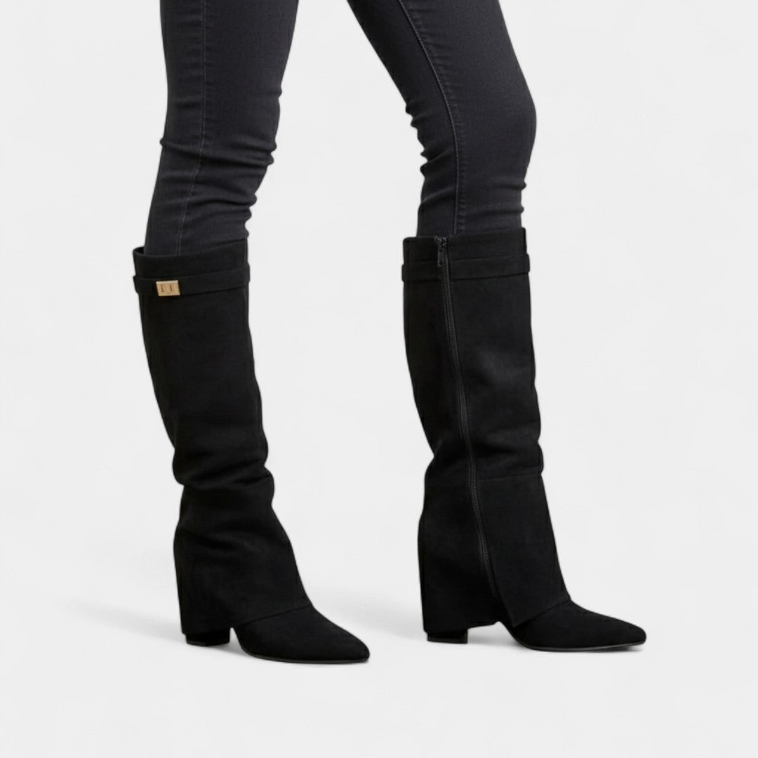 Gleame.-Laarzen-Gleame | Dames laarzen van suède tot onder de knie met blokhak en ritssluiting aan de zijkant