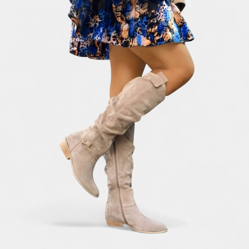 Gleame.-Laarzen-Gleame | Dames laarzen van suède tot onder de knie met lage hak en ritssluiting aan de zijkant