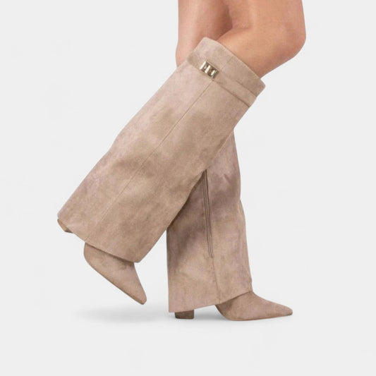 Gleame.-Laarzen-Gleame | Dames laarzen van suède tot onder de knie met blokhak en ritssluiting aan de zijkant