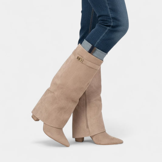 Gleame.-Laarzen-Gleame | Dames laarzen van suède tot onder de knie met omgeslagen schacht en puntige neus
