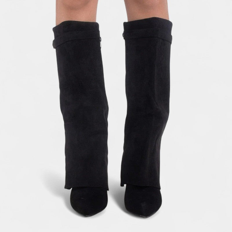 Gleame.-Laarzen-Gleame | Dames laarzen van suède tot onder de knie met omgeslagen schacht en puntige neus