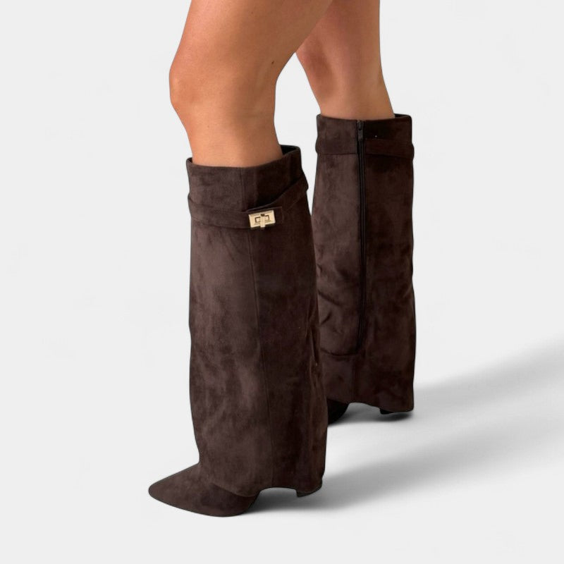 Gleame.-Laarzen-Gleame | Dames laarzen van suède tot onder de knie met blokhak en ritssluiting aan de zijkant