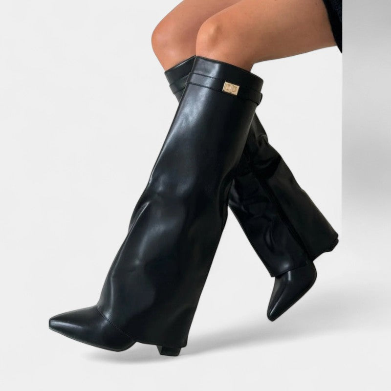 Gleame.-Laarzen-Gleame | Dames laarzen van suède tot onder de knie met omgeslagen schacht en puntige neus