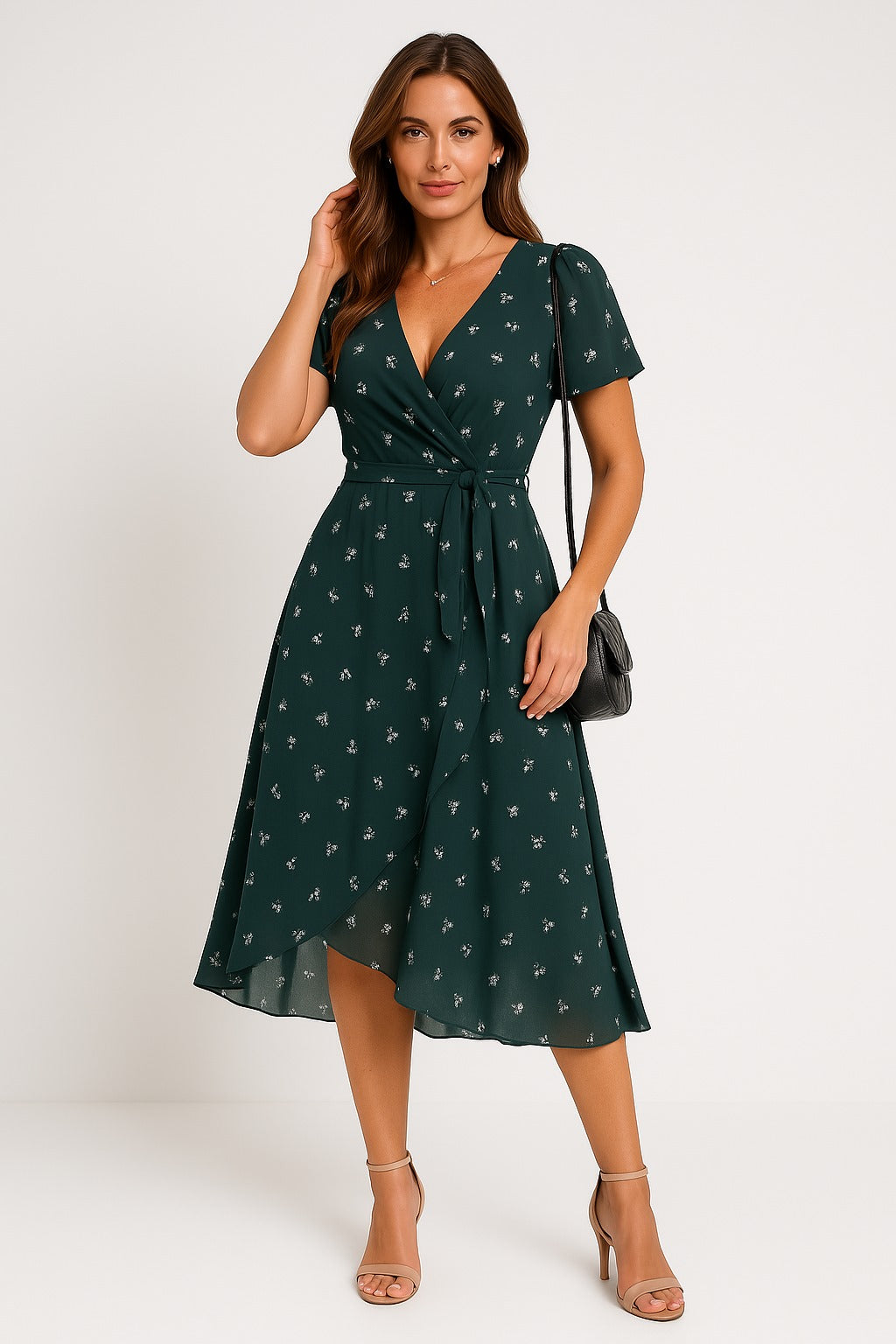 Gleame.-Midi Dresses-Gleame Wikkeljurk met Bloemenprint – Elegante Midi Jurk met V-Hals en Vlindermouwen