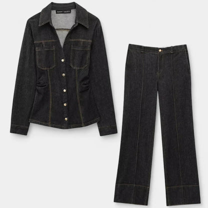 Gleame.-Outfit Sets-Gleame Spijkerset - Denim blouse met lange mouwen en wijde broek voor een trendy look