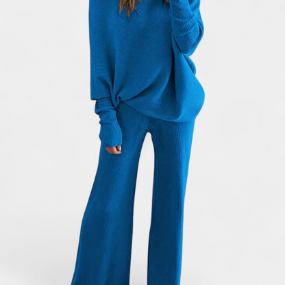 Gleame.-Outfit sets-Gleame Dames Set – Comfortabele set met off-shoulder trui en wijde broek