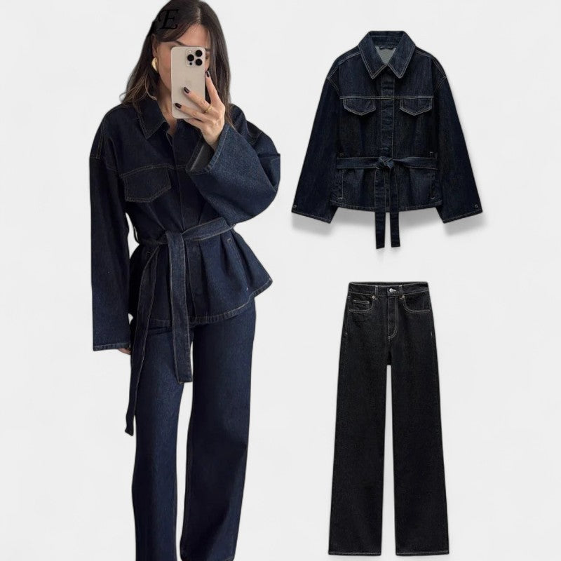  Gleame.-Outfit sets-Gleame Damesjas - Lange mouwen met riem en brede pijpenbroek