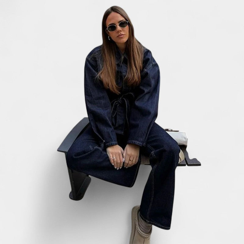  Gleame.-Outfit sets-Gleame Damesjas - Lange mouwen met riem en brede pijpenbroek