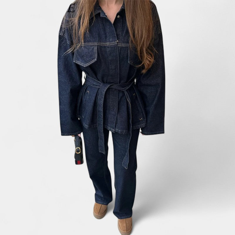  Gleame.-Outfit sets-Gleame Damesjas - Lange mouwen met riem en brede pijpenbroek