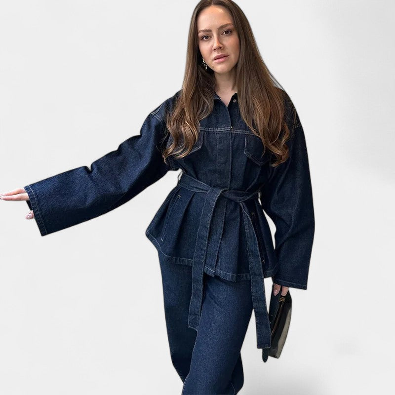  Gleame.-Outfit sets-Gleame Damesjas - Lange mouwen met riem en brede pijpenbroek