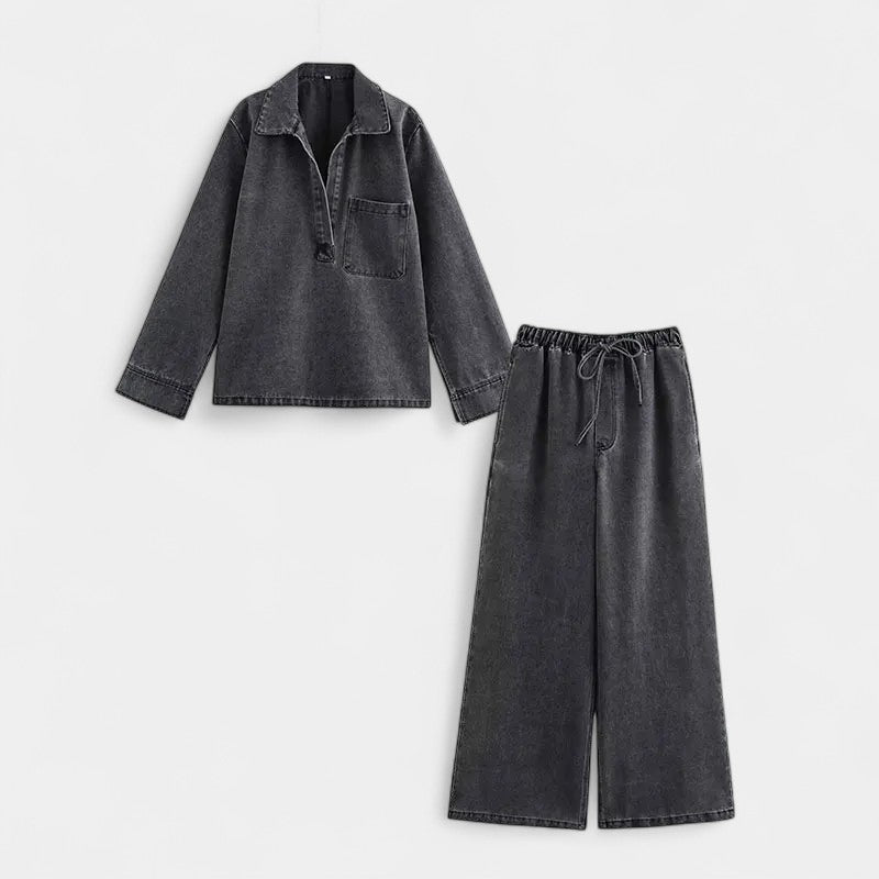 Gleame.-Outfit sets-Gleame Denim Suit Set - V-hals denim set met lange mouwen