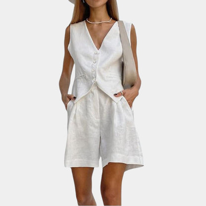 Gleame.-Outfit sets-Gleame Korte broek en top - Mouwloze linnen twee-delige set voor de zomer