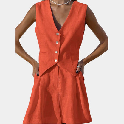 Gleame.-Outfit sets-Gleame Korte broek en top - Mouwloze linnen twee-delige set voor de zomer