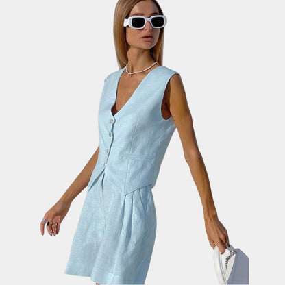 Gleame.-Outfit sets-Gleame Korte broek en top - Mouwloze linnen twee-delige set voor de zomer