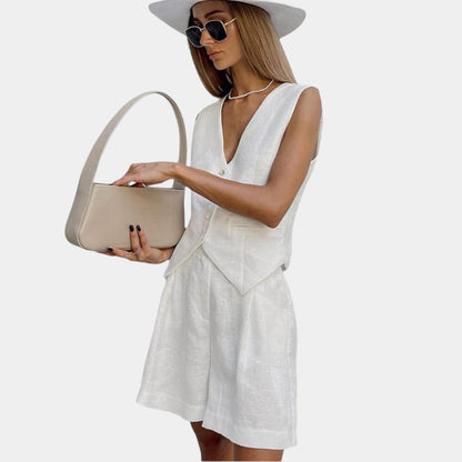 Gleame.-Outfit sets-Gleame Korte broek en top - Mouwloze linnen twee-delige set voor de zomer