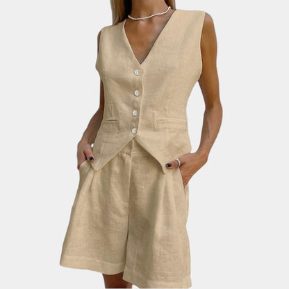 Gleame.-Outfit sets-Gleame Korte broek en top - Mouwloze linnen twee-delige set voor de zomer