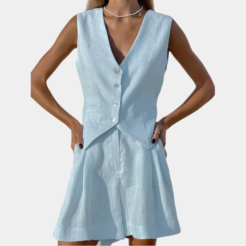 Gleame.-Outfit sets-Gleame Korte broek en top - Mouwloze linnen twee-delige set voor de zomer