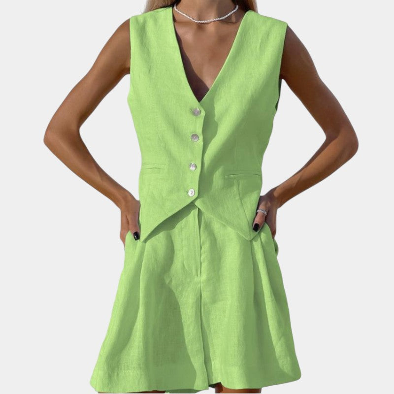 Gleame.-Outfit sets-Gleame Korte broek en top - Mouwloze linnen twee-delige set voor de zomer