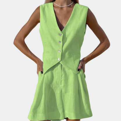 Gleame.-Outfit sets-Gleame Korte broek en top - Mouwloze linnen twee-delige set voor de zomer