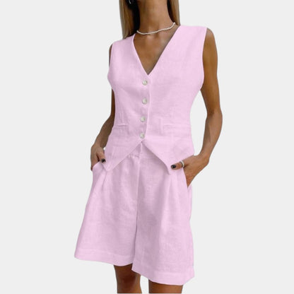 Gleame.-Outfit sets-Gleame Korte broek en top - Mouwloze linnen twee-delige set voor de zomer