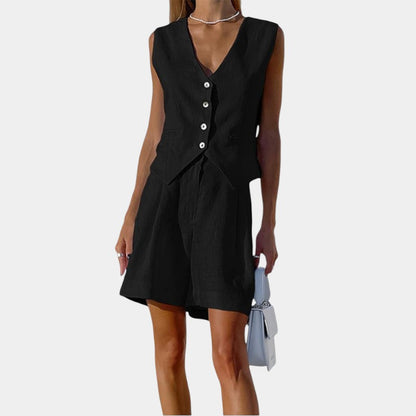 Gleame.-Outfit sets-Gleame Korte broek en top - Mouwloze linnen twee-delige set voor de zomer