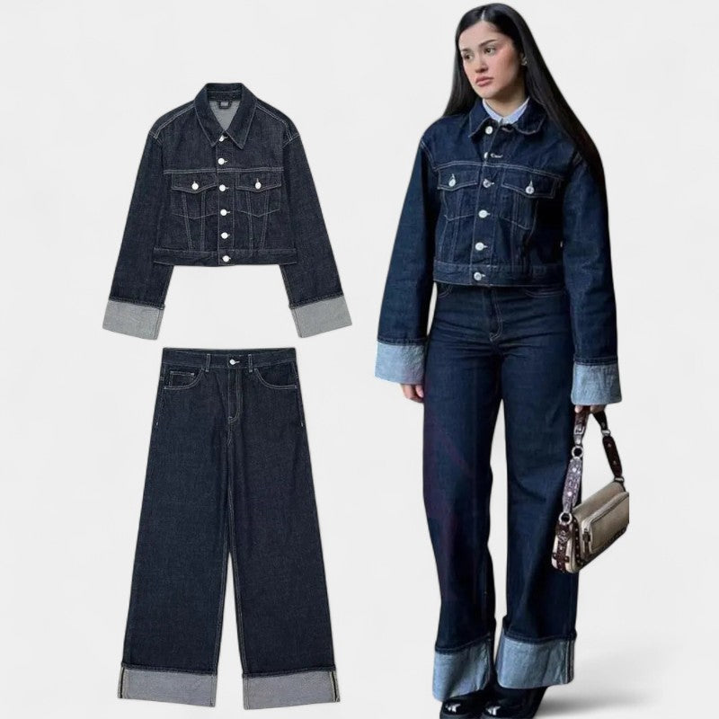Gleame.-Outfit sets-Gleame Outfitset - Casual denim set met lange mouwen