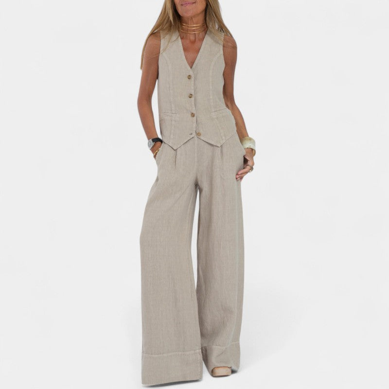 Gleame.-Outfit sets-Gleame Set - Tweedelig linnen pak met mouwloos gilet en wijde broek