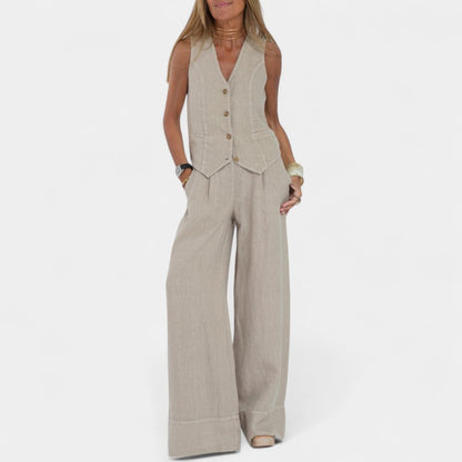 Gleame.-Outfit sets-Gleame Set - Tweedelig linnen pak met mouwloos gilet en wijde broek